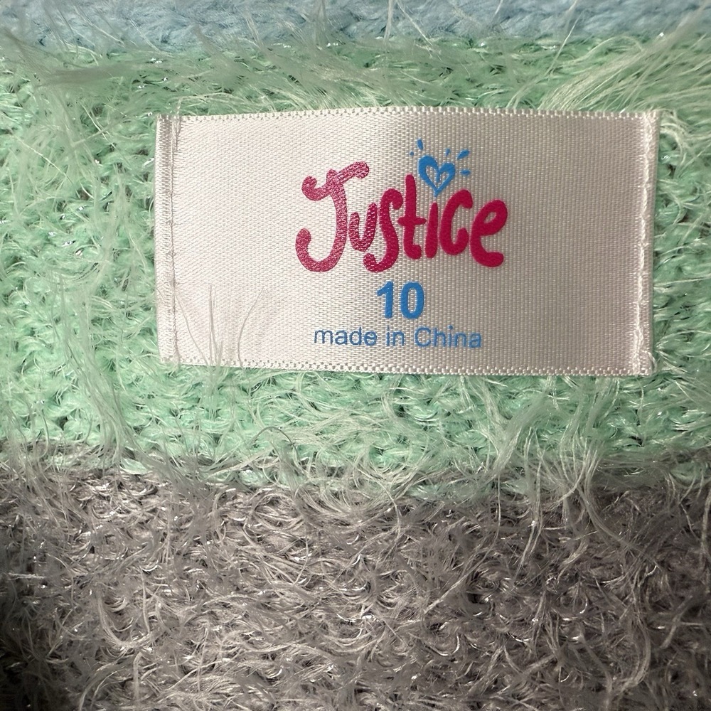 Justice Girls Size 10 NWT Shag Fuzzy Sweater Striped Green Blue Gray Pullover - Picture 6 of 7